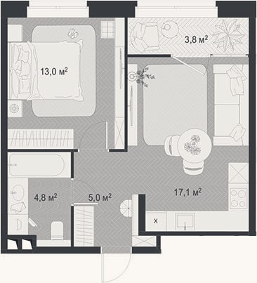 Планировка: 2-к, 39,9 м²