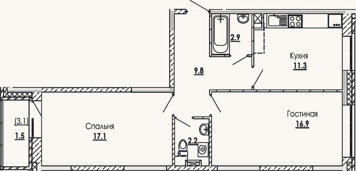 Планировка: 2-к, 60,2 м²