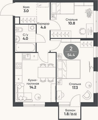 Планировка: 2-к, 53,9 м²