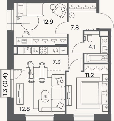 Планировка: 3-к, 56,1 м²