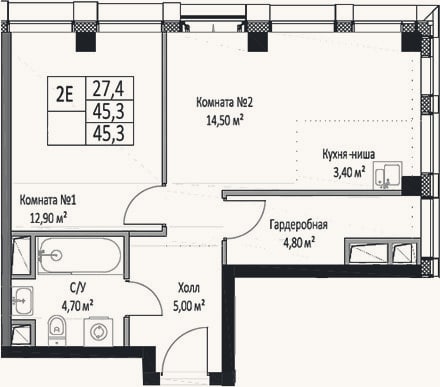 Планировка: 2-к, 45,3 м²