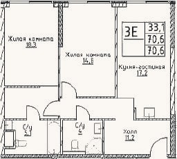 Планировка: 3-к, 70,6 м²