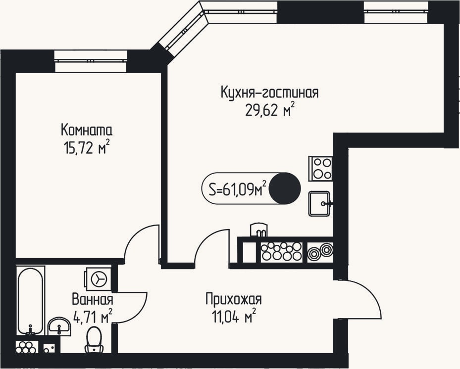 Планировка: 1-к, 61,1 м²