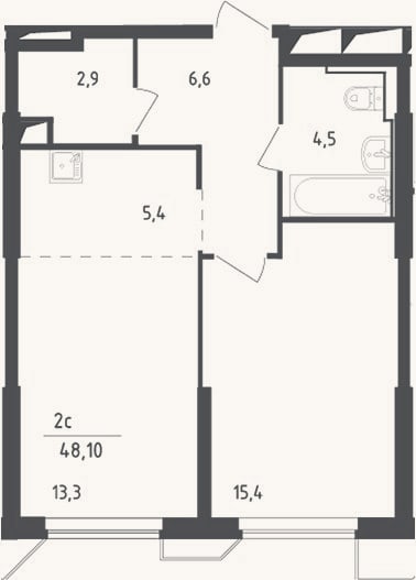 Планировка: 2-к, 48,1 м²