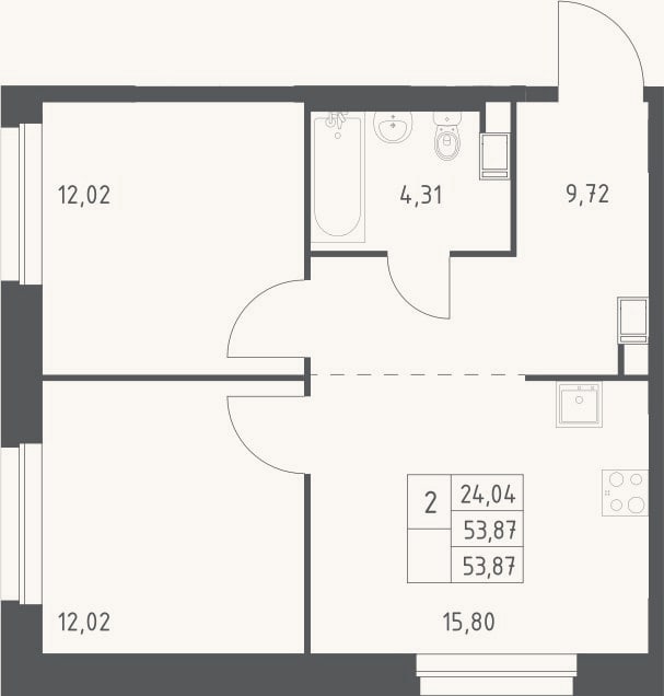 Планировка: 2-к, 53,9 м²