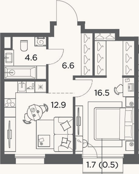 Планировка: 1-к, 40,6 м²