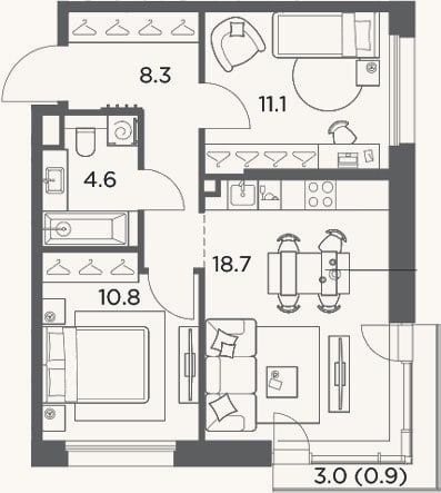 Планировка: 2-к, 53,5 м²