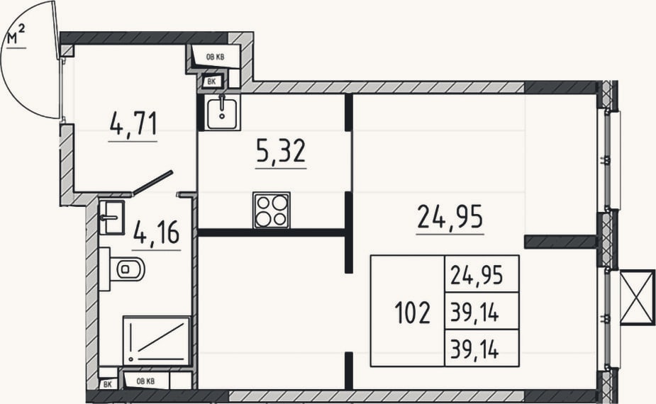 Планировка: Студия, 39,1 м²