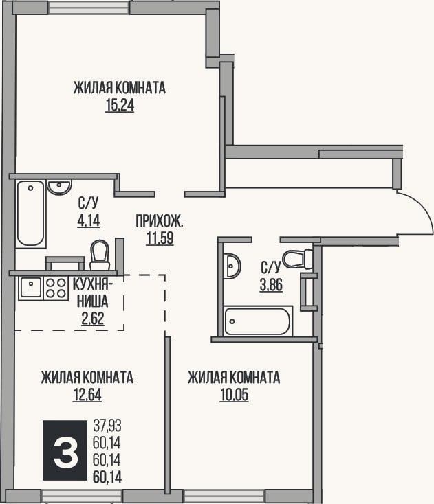 Планировка: 3-к, 60,1 м²