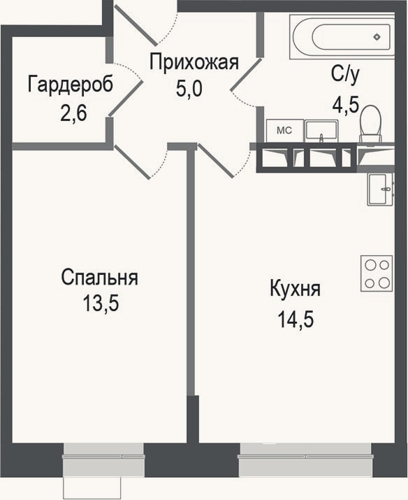 Планировка: 1-к, 40,1 м²