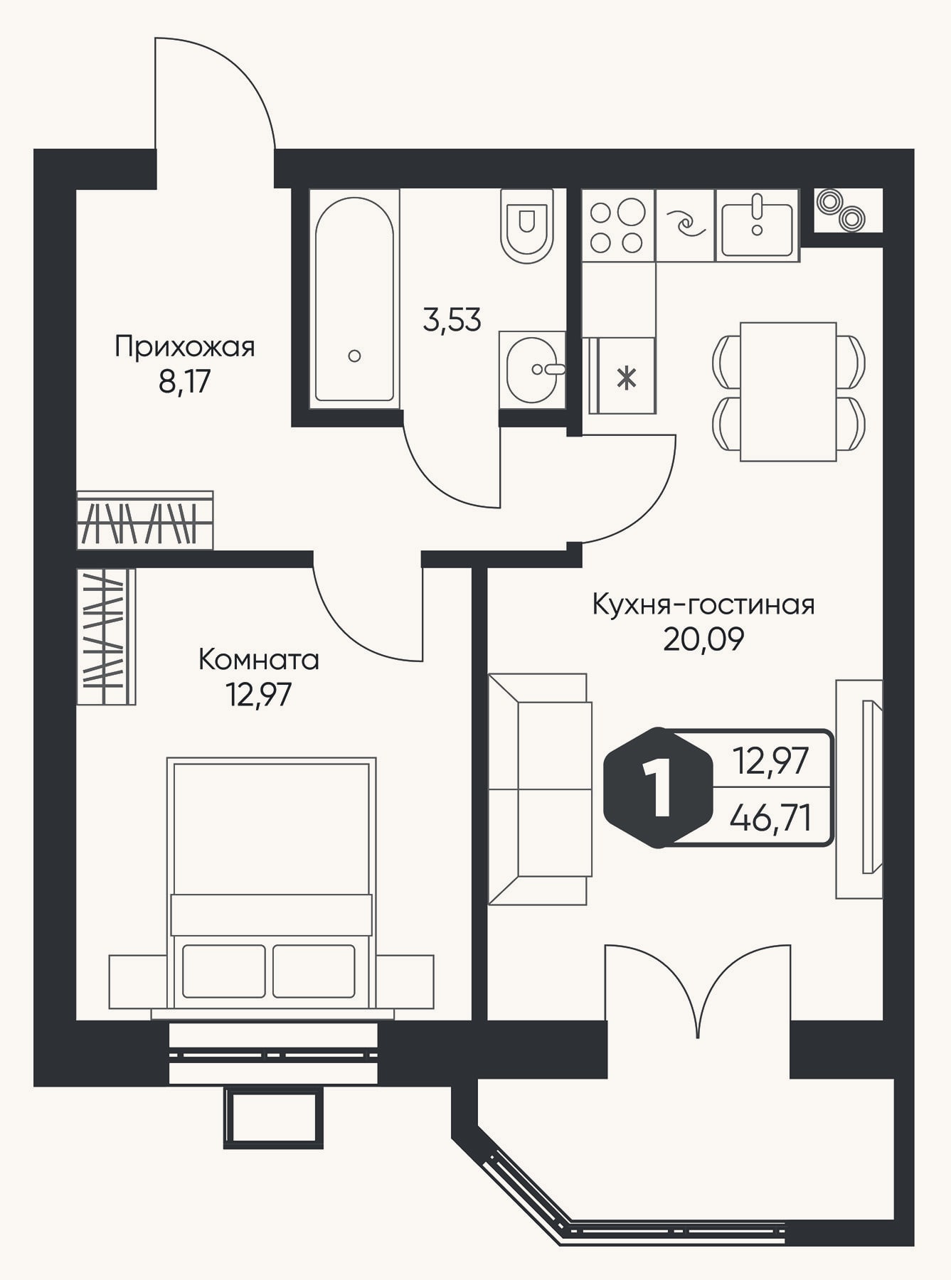Планировка: 2-к, 44,8 м²