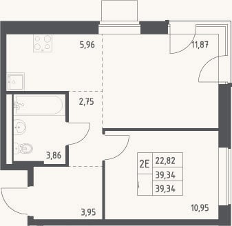 Планировка: 2-к, 39,3 м²