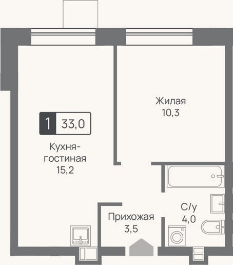 Планировка: 2-к, 33 м²