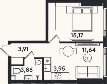 Планировка: 2-к, 38,6 м²
