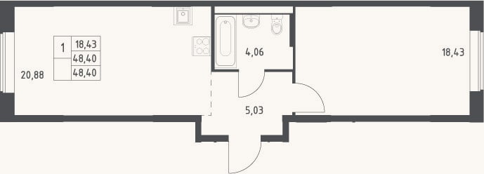 Планировка: 2-к, 48,4 м²