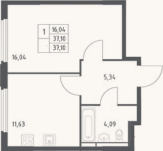 Планировка: 1-к, 37,1 м²
