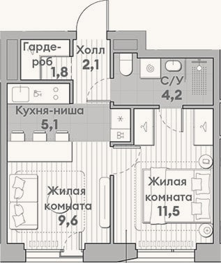 Планировка: 2-к, 34,3 м²