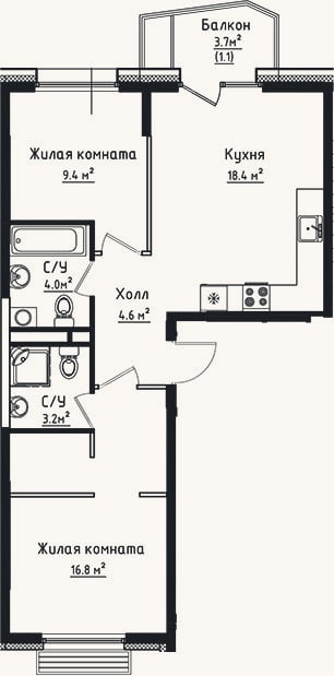 Планировка: 2-к, 56,4 м²