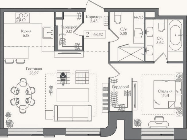 Планировка: 2-к, 68,5 м²