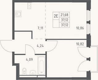 Планировка: 2-к, 37,1 м²