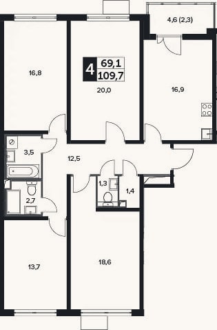Планировка: 4+ к, 109,1 м²
