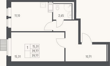 Планировка: 1-к, 39,8 м²