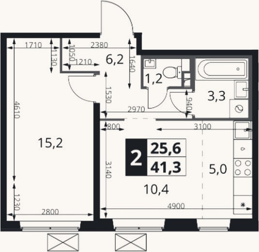 Планировка: 2-к, 41,3 м²