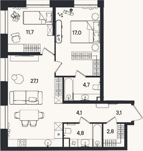 Планировка: 3-к, 75,3 м²