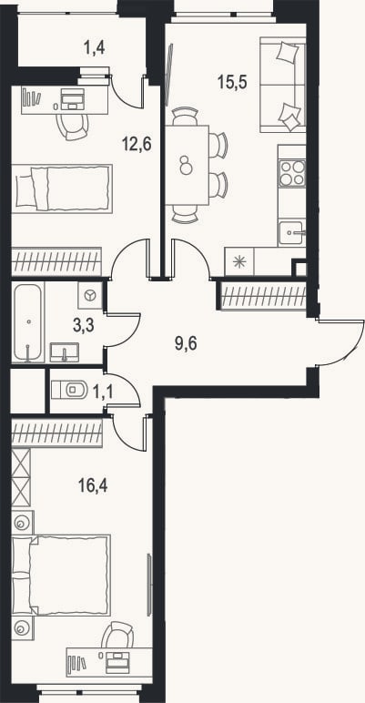 Планировка: 2-к, 58,5 м²