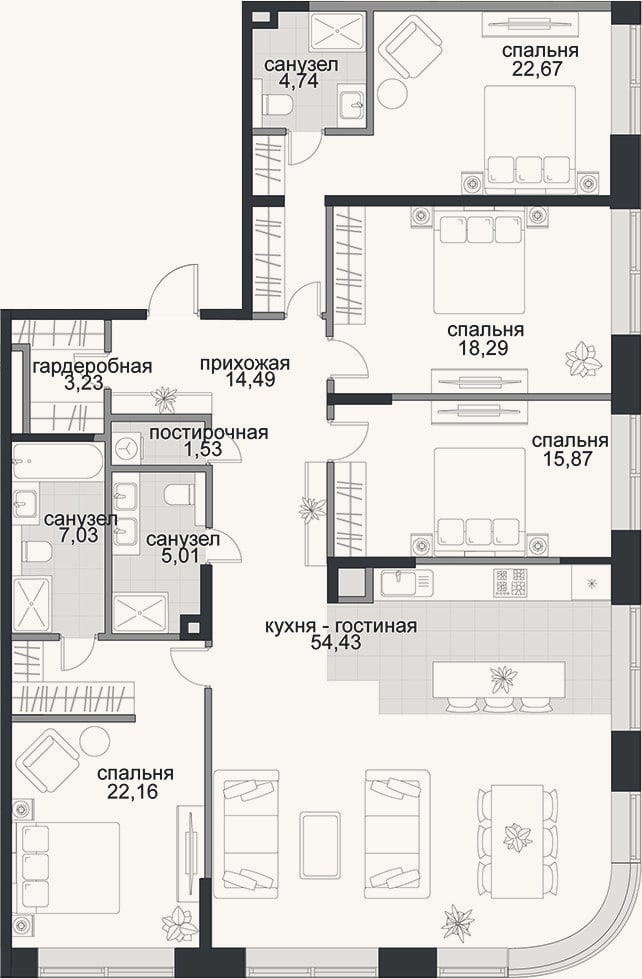 Планировка: 4+ к, 169,5 м²