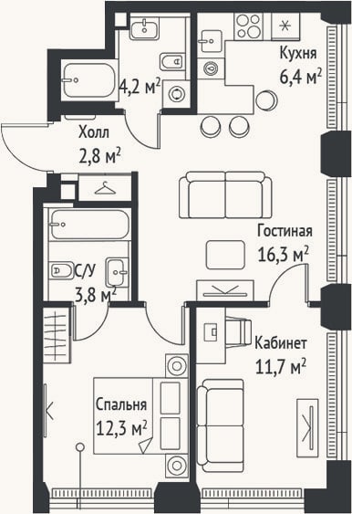 Планировка: 3-к, 57,6 м²