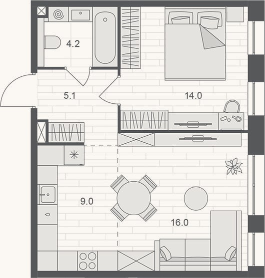Планировка: 2-к, 48,3 м²
