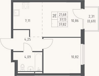 Планировка: 2-к, 37,1 м²