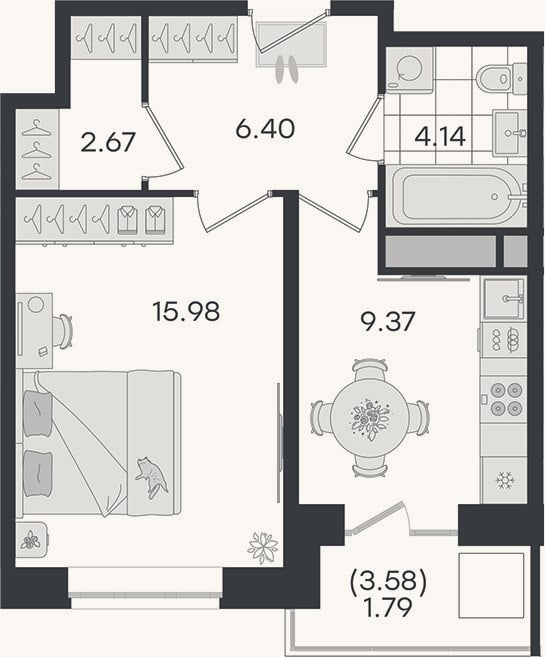 Планировка: 1-к, 38,6 м²