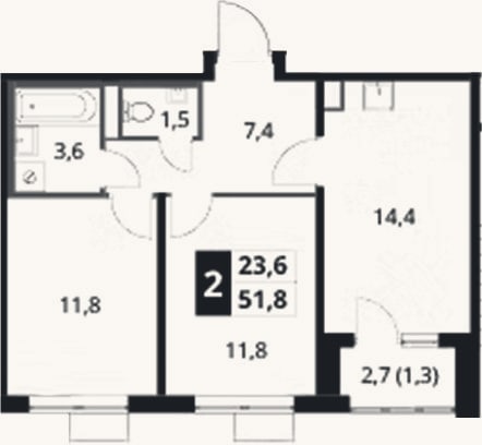 Планировка: 2-к, 50,5 м²