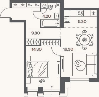 Планировка: 2-к, 49,9 м²
