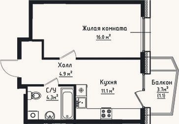 Планировка: 1-к, 36,3 м²