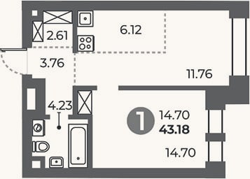 Планировка: 1-к, 43,2 м²