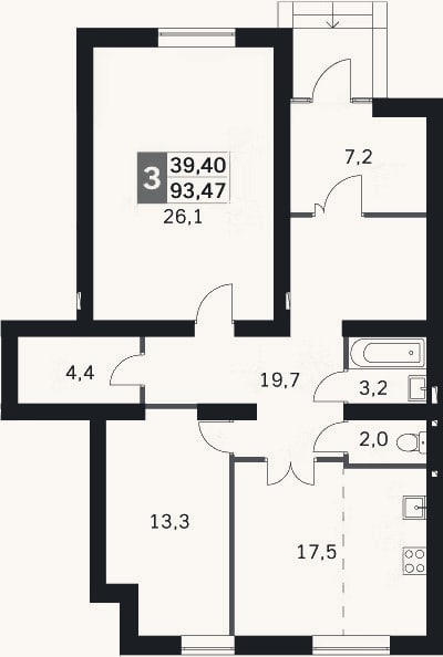 Планировка: 3-к, 91,9 м²