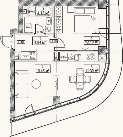 Планировка: 2-к, 43 м²
