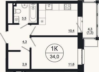 Планировка: 1-к, 32,7 м²