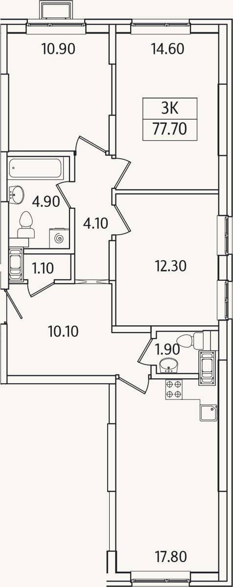 Планировка: 3-к, 77,7 м²