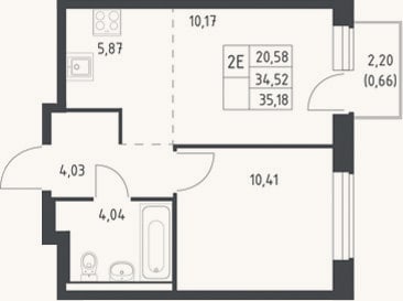 Планировка: 2-к, 34,5 м²