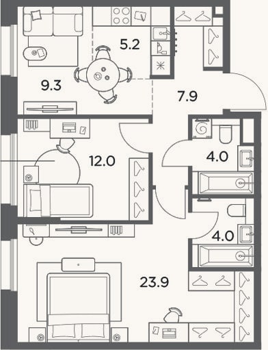 Планировка: 3-к, 66,3 м²