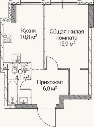 Планировка: 1-к, 36,8 м²