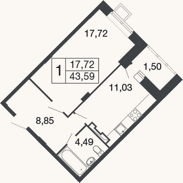 Планировка: 1-к, 42,1 м²