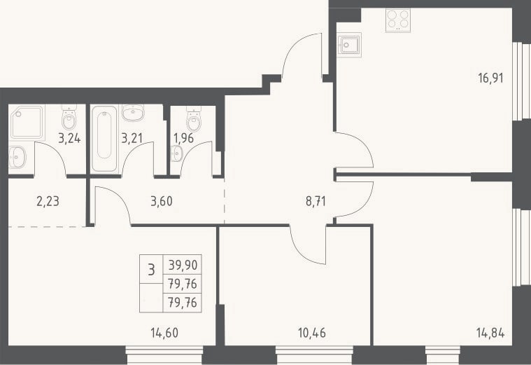 Планировка: 3-к, 79,8 м²