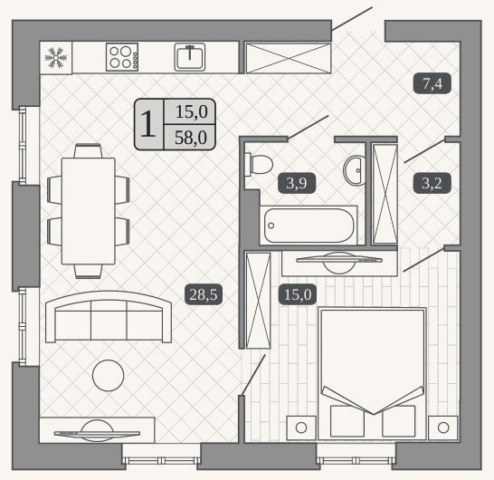 Планировка: 2-к, 58 м²