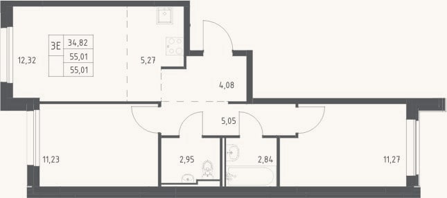 Планировка: 3-к, 55 м²