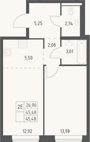 Планировка: 2-к, 45,5 м²